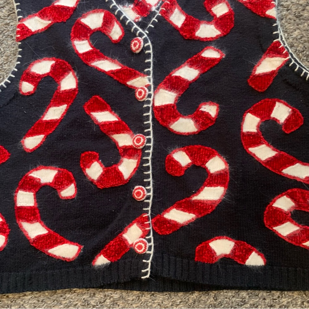 Belle Pointe VTG Ramie Button Front Embellished Candy Cane Christmas Vest - Picture 9 of 15